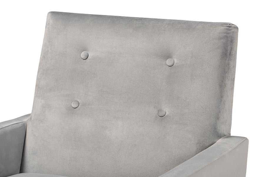 Baxton Studio Perris Mid-Century Modern Grey Velvet Fabric Upholstered and Walnut Brown Finished Wood Lounge Chair
