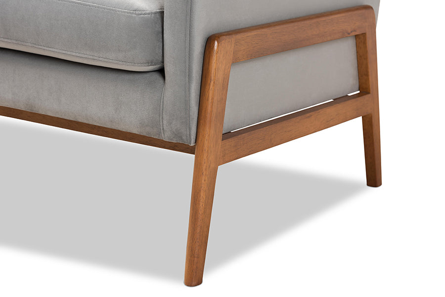 Baxton Studio Perris Mid-Century Modern Grey Velvet Fabric Upholstered and Walnut Brown Finished Wood Lounge Chair