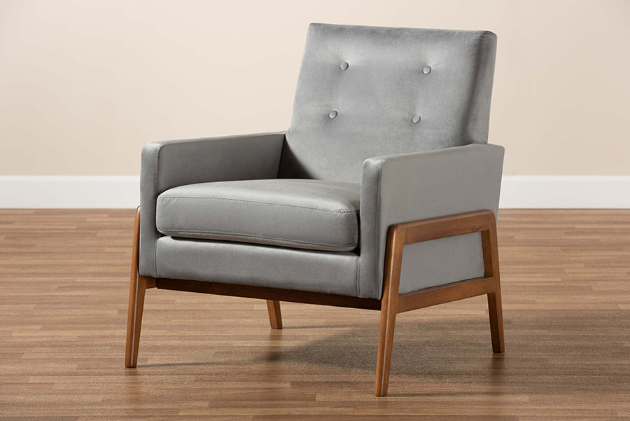 Baxton Studio Perris Mid-Century Modern Grey Velvet Fabric Upholstered and Walnut Brown Finished Wood Lounge Chair