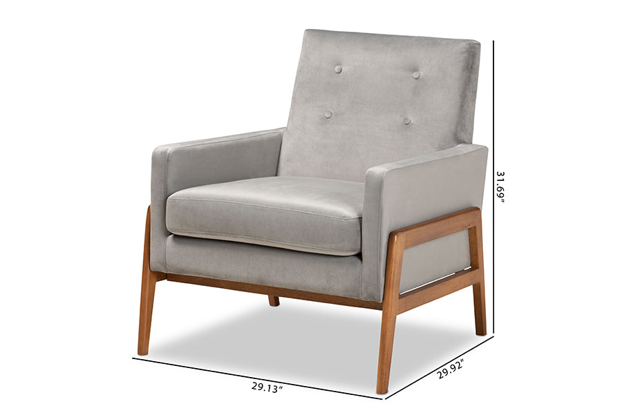 Baxton Studio Perris Mid-Century Modern Grey Velvet Fabric Upholstered and Walnut Brown Finished Wood Lounge Chair