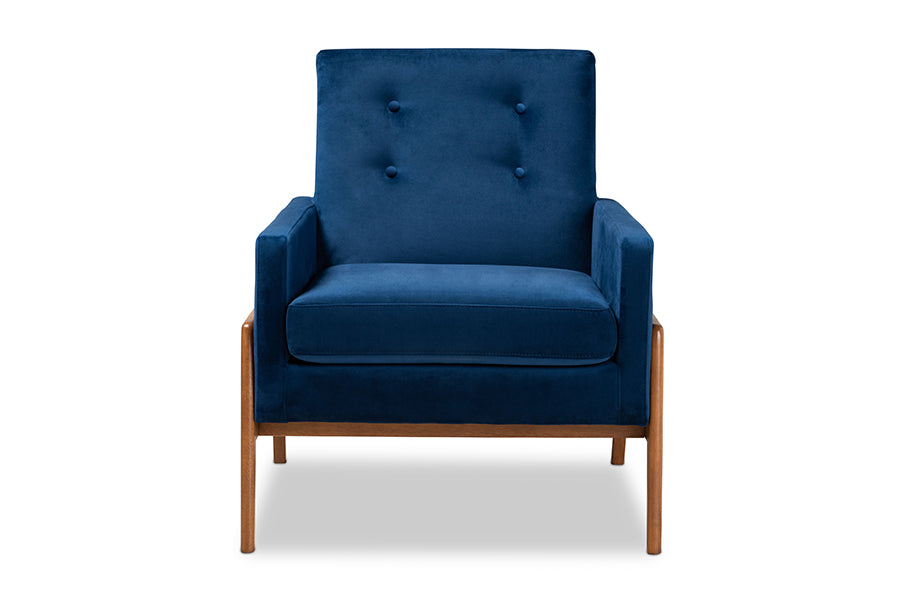 Baxton Studio Perris Mid-Century Modern Navy Blue Velvet Fabric Upholstered and Walnut Brown Finished Wood Lounge Chair