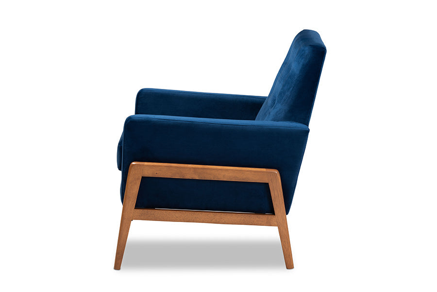 Baxton Studio Perris Mid-Century Modern Navy Blue Velvet Fabric Upholstered and Walnut Brown Finished Wood Lounge Chair
