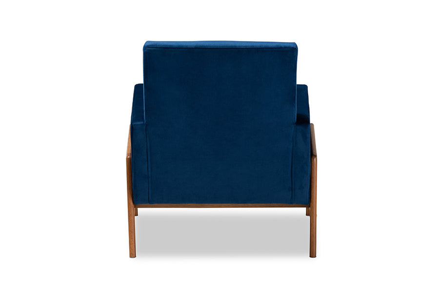 Baxton Studio Perris Mid-Century Modern Navy Blue Velvet Fabric Upholstered and Walnut Brown Finished Wood Lounge Chair
