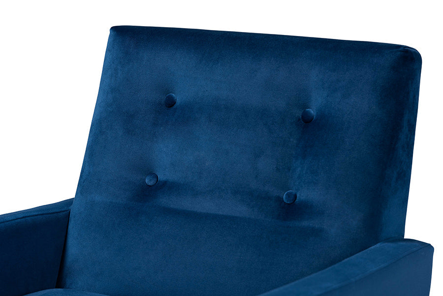Baxton Studio Perris Mid-Century Modern Navy Blue Velvet Fabric Upholstered and Walnut Brown Finished Wood Lounge Chair