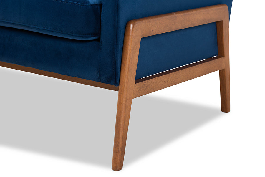 Baxton Studio Perris Mid-Century Modern Navy Blue Velvet Fabric Upholstered and Walnut Brown Finished Wood Lounge Chair