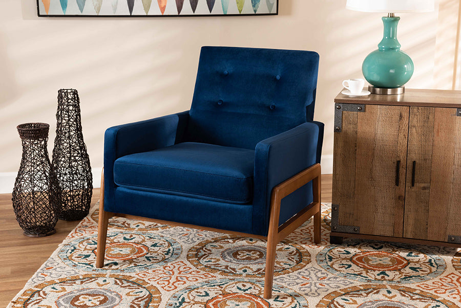 Baxton Studio Perris Mid-Century Modern Navy Blue Velvet Fabric Upholstered and Walnut Brown Finished Wood Lounge Chair