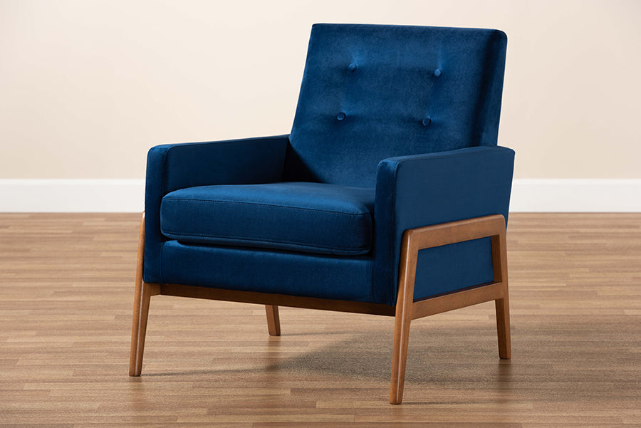 Baxton Studio Perris Mid-Century Modern Navy Blue Velvet Fabric Upholstered and Walnut Brown Finished Wood Lounge Chair