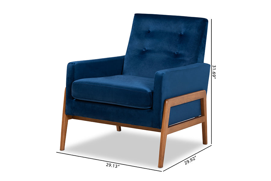 Baxton Studio Perris Mid-Century Modern Navy Blue Velvet Fabric Upholstered and Walnut Brown Finished Wood Lounge Chair
