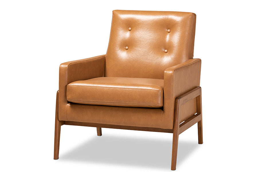 Baxton Studio Perris Mid-Century Modern Tan Faux Leather Upholstered and Walnut Brown Finished Wood Lounge Chair
