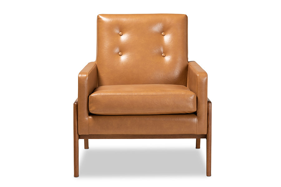 Baxton Studio Perris Mid-Century Modern Tan Faux Leather Upholstered and Walnut Brown Finished Wood Lounge Chair