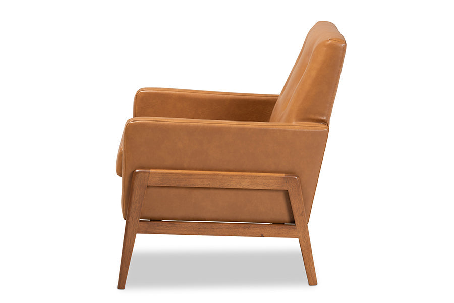 Baxton Studio Perris Mid-Century Modern Tan Faux Leather Upholstered and Walnut Brown Finished Wood Lounge Chair