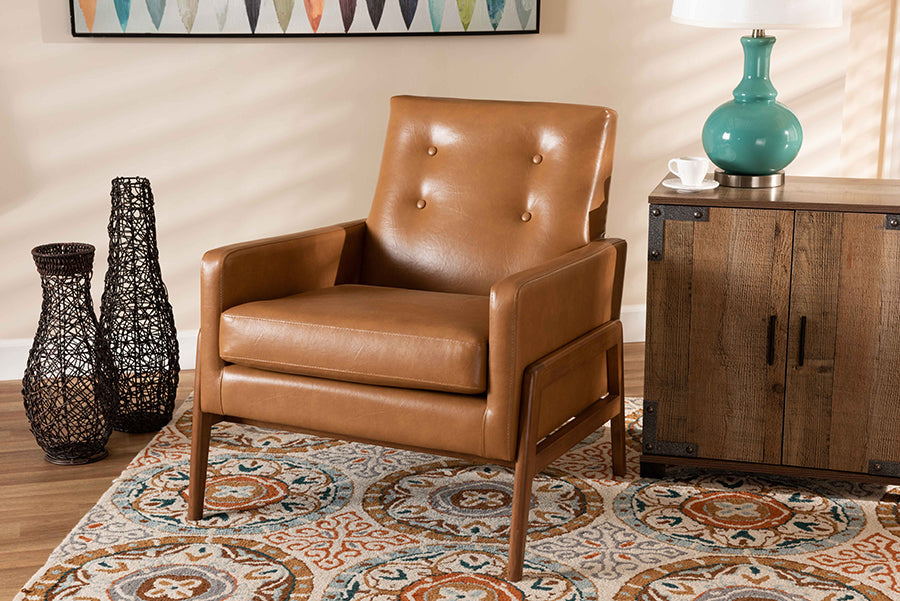 Baxton Studio Perris Mid-Century Modern Tan Faux Leather Upholstered and Walnut Brown Finished Wood Lounge Chair