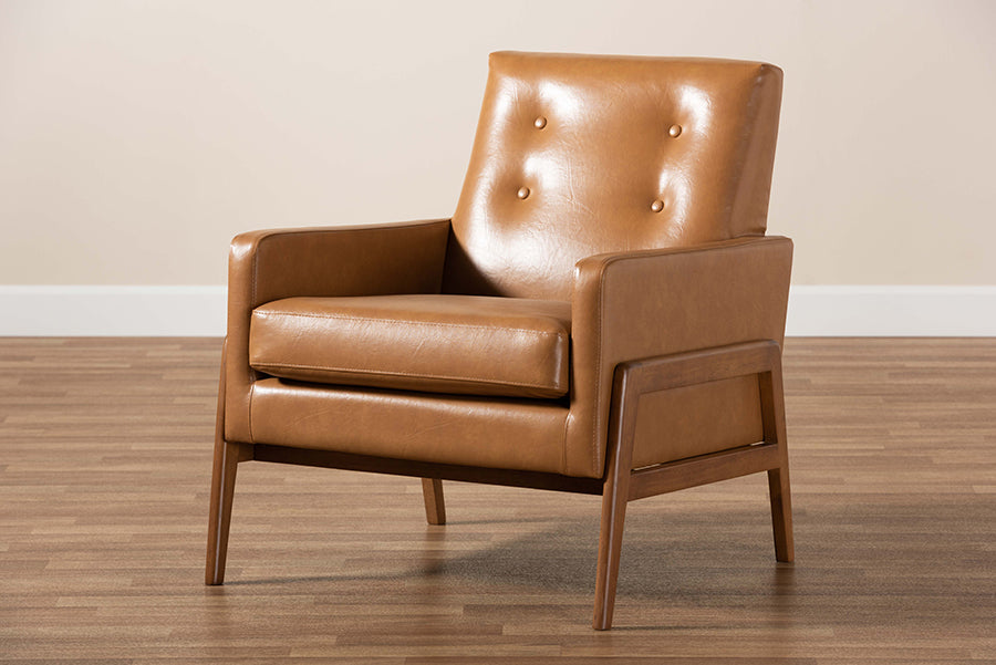 Baxton Studio Perris Mid-Century Modern Tan Faux Leather Upholstered and Walnut Brown Finished Wood Lounge Chair