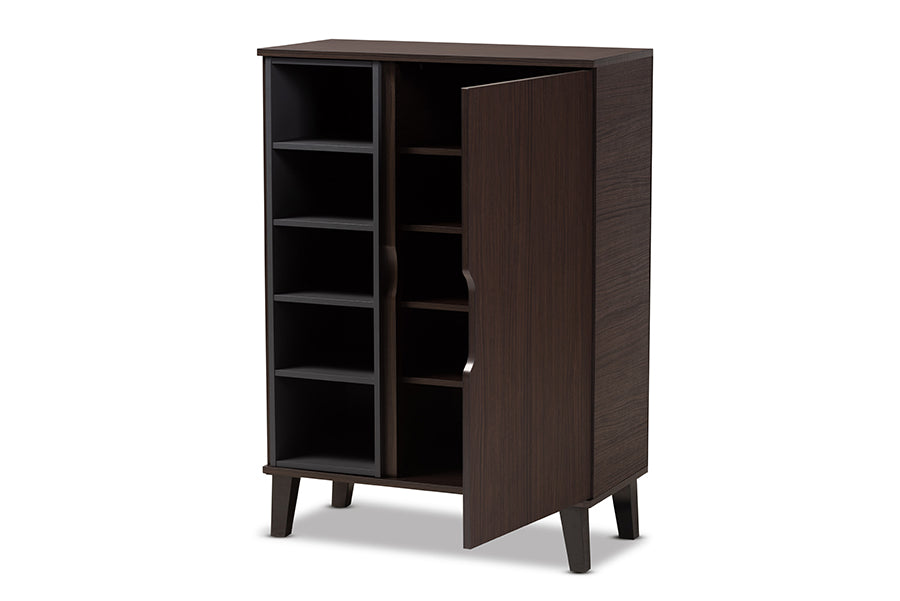 Baxton Studio Idina Mid-Century Modern Two-Tone Dark Brown and Grey Finished Wood 1-Door Shoe Cabinet