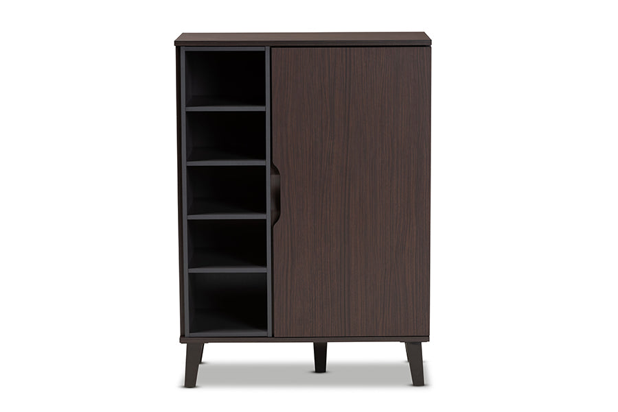 Baxton Studio Idina Mid-Century Modern Two-Tone Dark Brown and Grey Finished Wood 1-Door Shoe Cabinet
