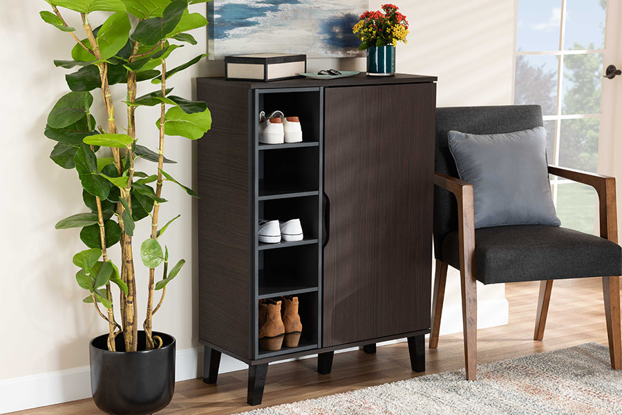 Baxton Studio Idina Mid-Century Modern Two-Tone Dark Brown and Grey Finished Wood 1-Door Shoe Cabinet