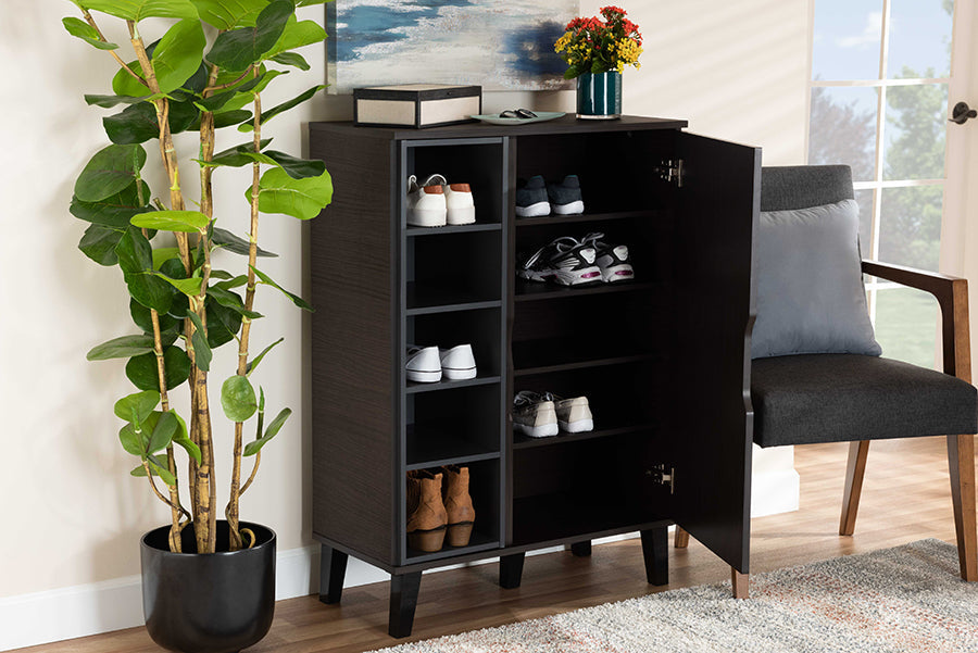 Baxton Studio Idina Mid-Century Modern Two-Tone Dark Brown and Grey Finished Wood 1-Door Shoe Cabinet