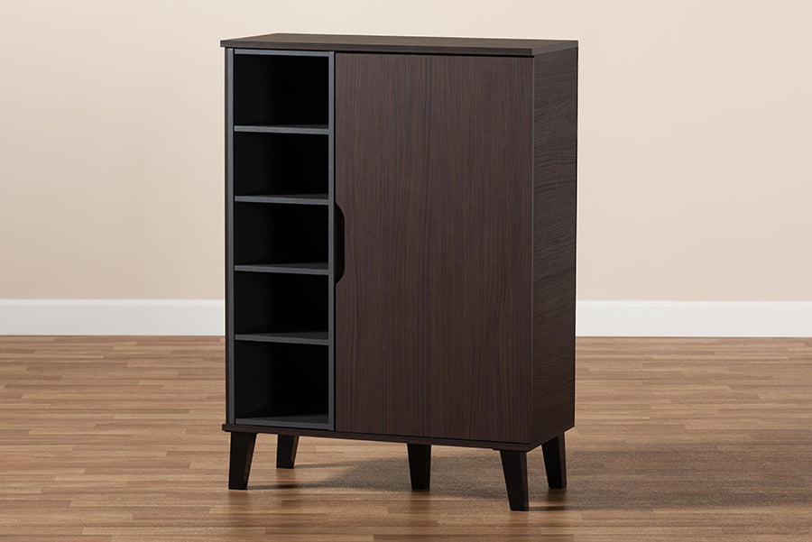Baxton Studio Idina Mid-Century Modern Two-Tone Dark Brown and Grey Finished Wood 1-Door Shoe Cabinet