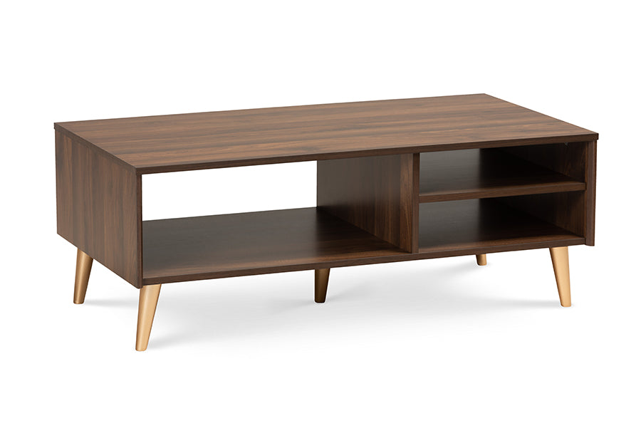 Baxton Studio Landen Mid-Century Modern Walnut Brown and Gold Finished Wood Coffee Table