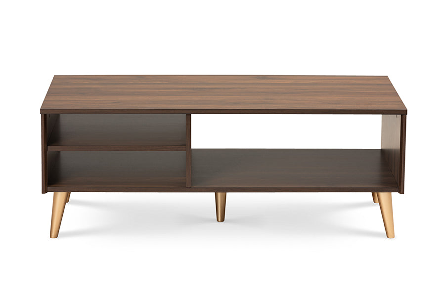 Baxton Studio Landen Mid-Century Modern Walnut Brown and Gold Finished Wood Coffee Table