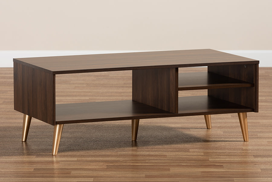 Baxton Studio Landen Mid-Century Modern Walnut Brown and Gold Finished Wood Coffee Table