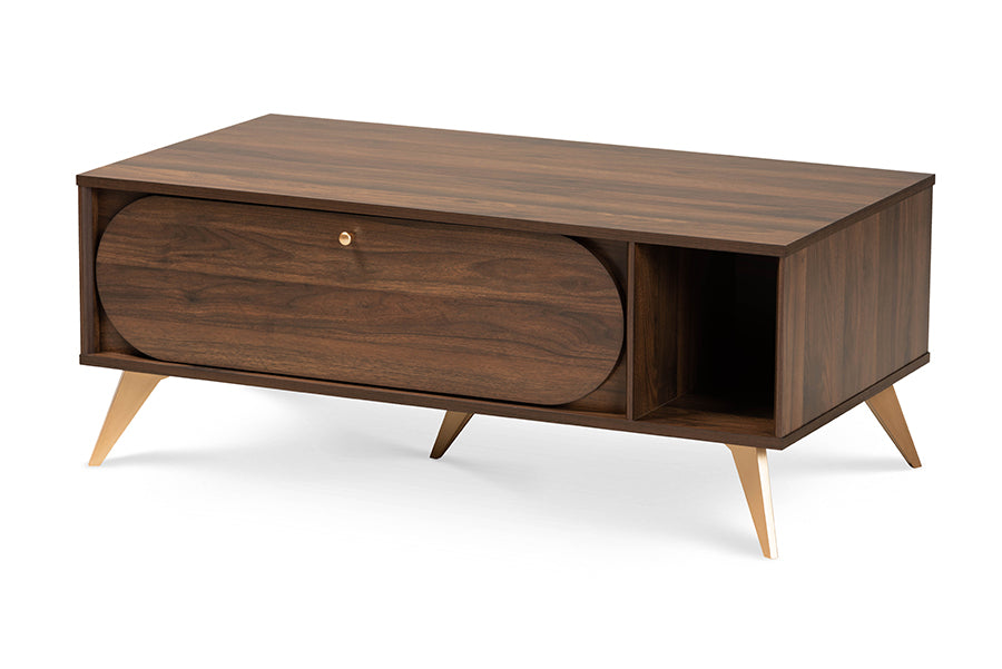 Baxton Studio Edel Mid-Century Modern Walnut Brown and Gold Finished Wood Coffee Table