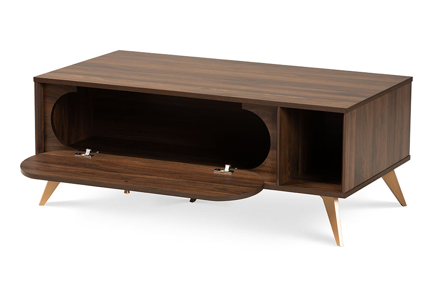Baxton Studio Edel Mid-Century Modern Walnut Brown and Gold Finished Wood Coffee Table