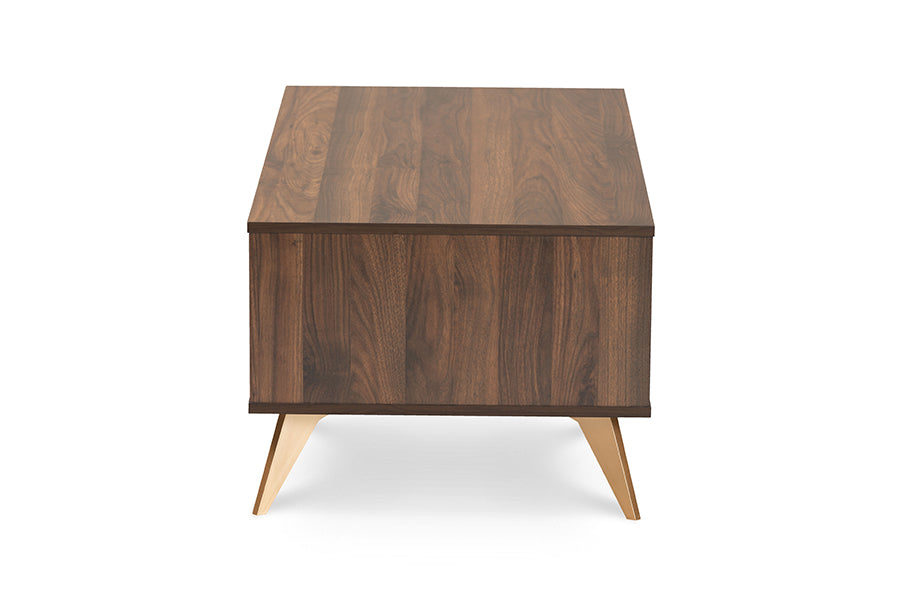 Baxton Studio Edel Mid-Century Modern Walnut Brown and Gold Finished Wood Coffee Table