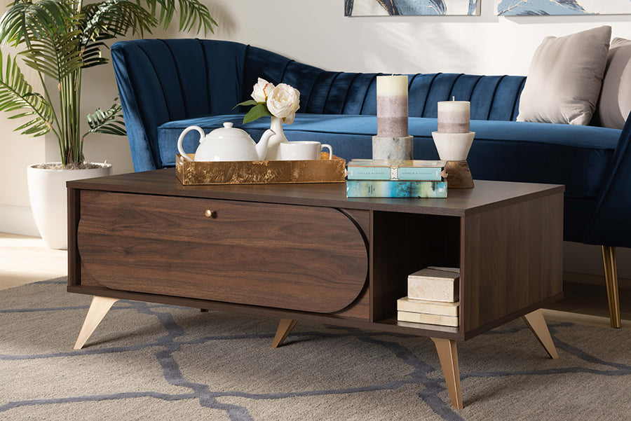 Baxton Studio Edel Mid-Century Modern Walnut Brown and Gold Finished Wood Coffee Table