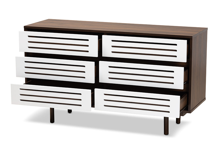 Baxton Studio Meike Mid-Century Modern Two-Tone Walnut Brown and White Finished Wood 6-Drawer Dresser