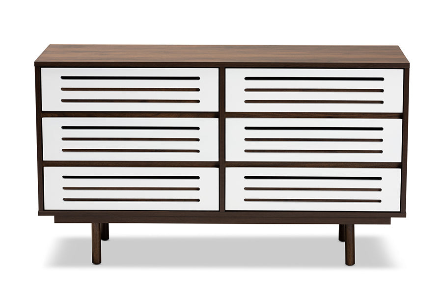 Baxton Studio Meike Mid-Century Modern Two-Tone Walnut Brown and White Finished Wood 6-Drawer Dresser
