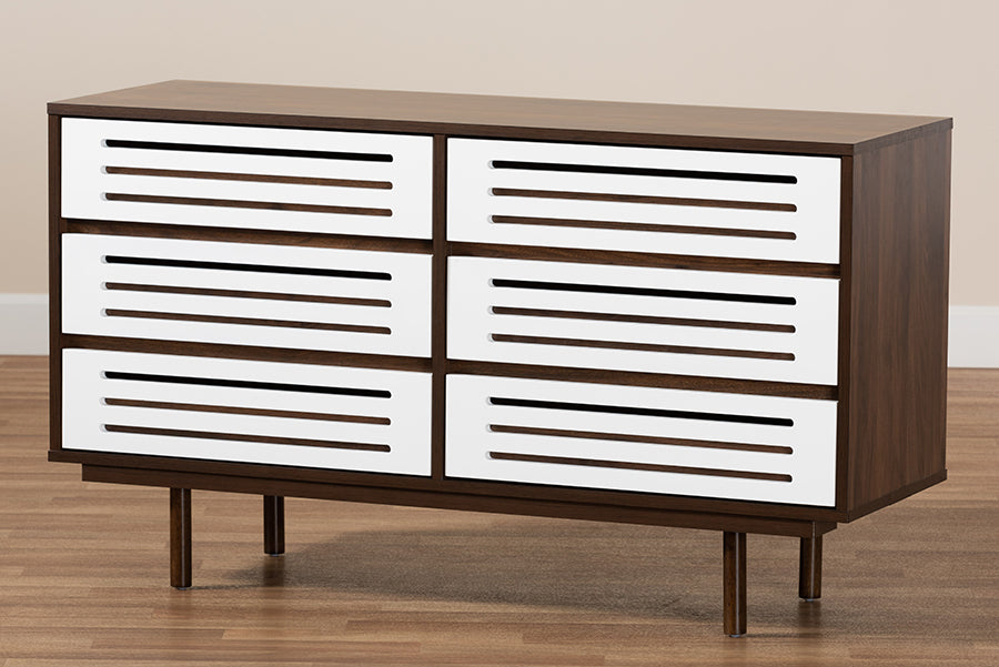 Baxton Studio Meike Mid-Century Modern Two-Tone Walnut Brown and White Finished Wood 6-Drawer Dresser