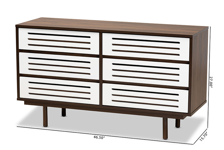 Baxton Studio Meike Mid-Century Modern Two-Tone Walnut Brown and White Finished Wood 6-Drawer Dresser