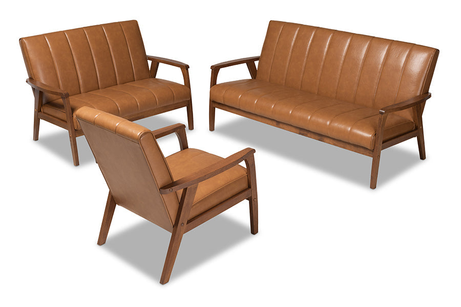 Baxton Studio Nikko Mid-century Modern Tan Faux Leather Upholstered and Walnut Brown finished Wood 3-Piece Living Room Set