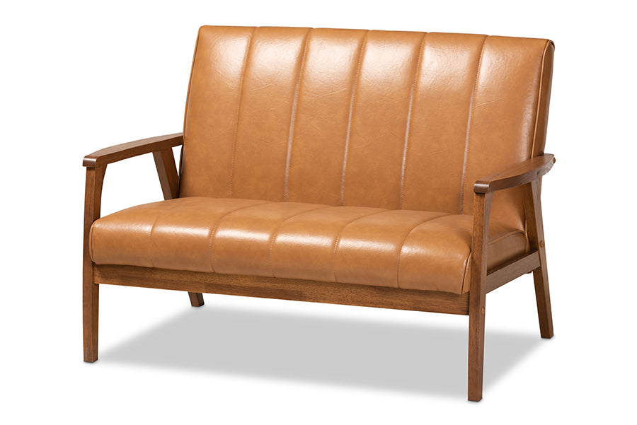 Baxton Studio Nikko Mid-century Modern Tan Faux Leather Upholstered and Walnut Brown finished Wood 3-Piece Living Room Set
