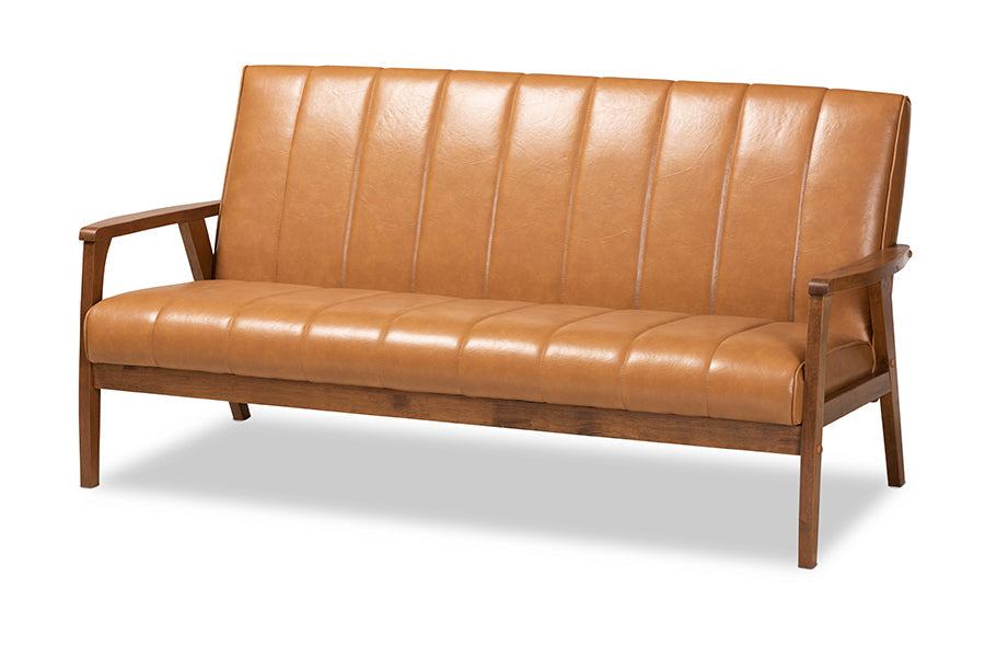 Baxton Studio Nikko Mid-century Modern Tan Faux Leather Upholstered and Walnut Brown finished Wood 3-Piece Living Room Set