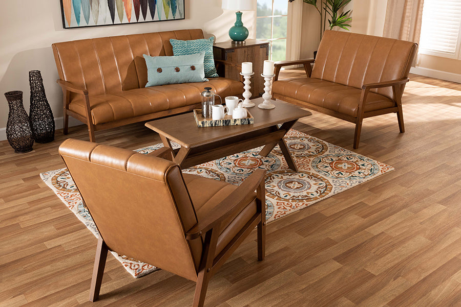 Baxton Studio Nikko Mid-century Modern Tan Faux Leather Upholstered and Walnut Brown finished Wood 3-Piece Living Room Set