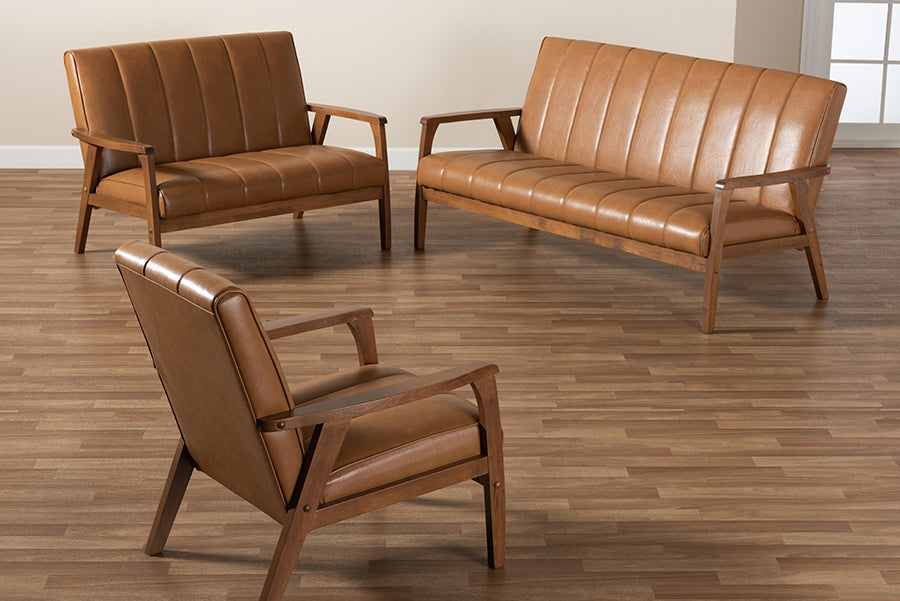 Baxton Studio Nikko Mid-century Modern Tan Faux Leather Upholstered and Walnut Brown finished Wood 3-Piece Living Room Set