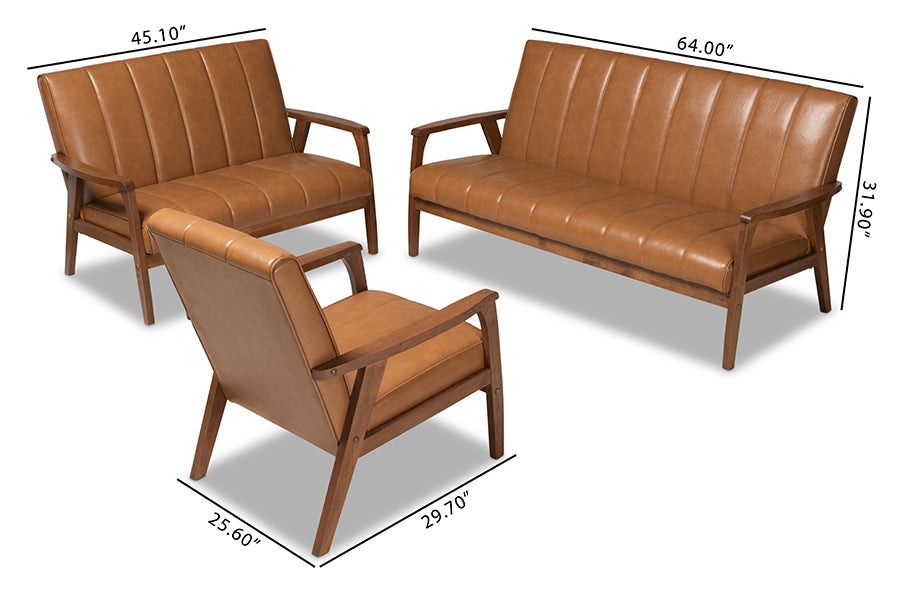 Baxton Studio Nikko Mid-century Modern Tan Faux Leather Upholstered and Walnut Brown finished Wood 3-Piece Living Room Set