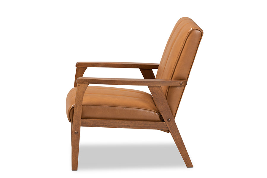 Baxton Studio Nikko Mid-century Modern Tan Faux Leather Upholstered and Walnut Brown finished Wood Lounge Chair