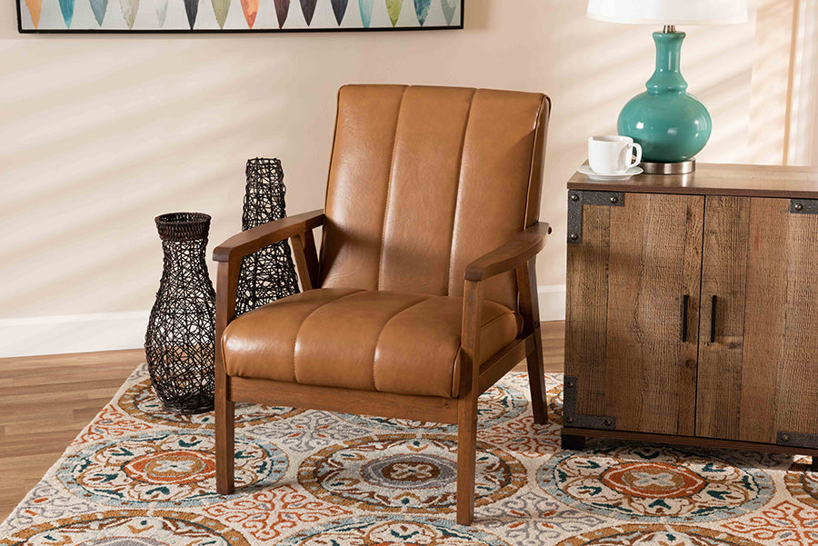 Baxton Studio Nikko Mid-century Modern Tan Faux Leather Upholstered and Walnut Brown finished Wood Lounge Chair