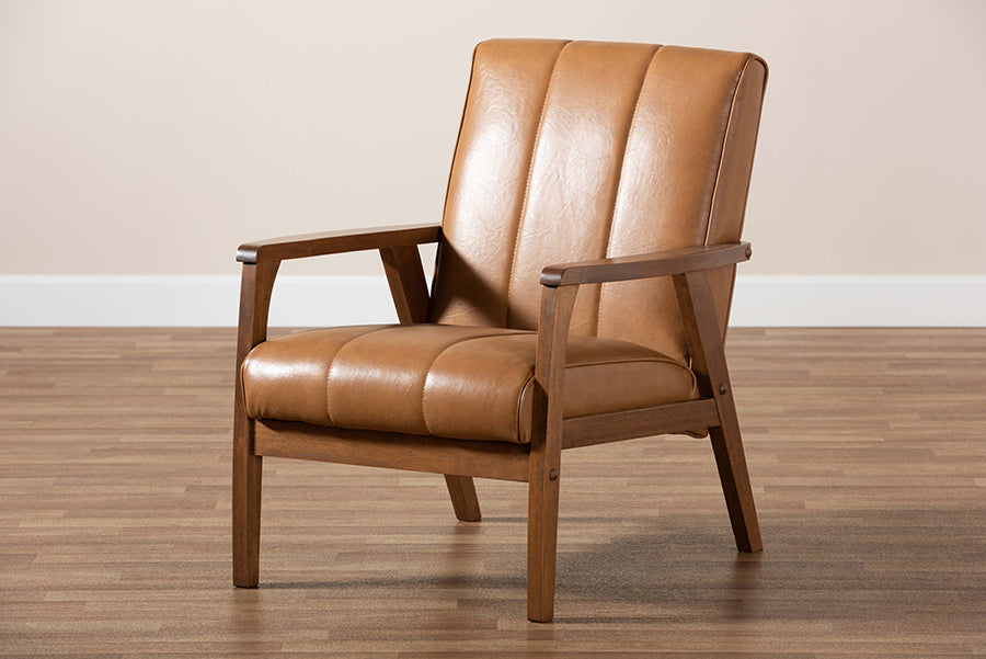Baxton Studio Nikko Mid-century Modern Tan Faux Leather Upholstered and Walnut Brown finished Wood Lounge Chair