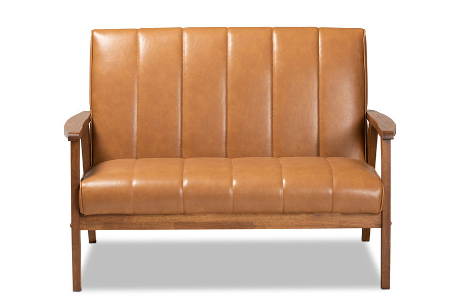 Baxton Studio Nikko Mid-century Modern Tan Faux Leather Upholstered and Walnut Brown finished Wood Loveseat