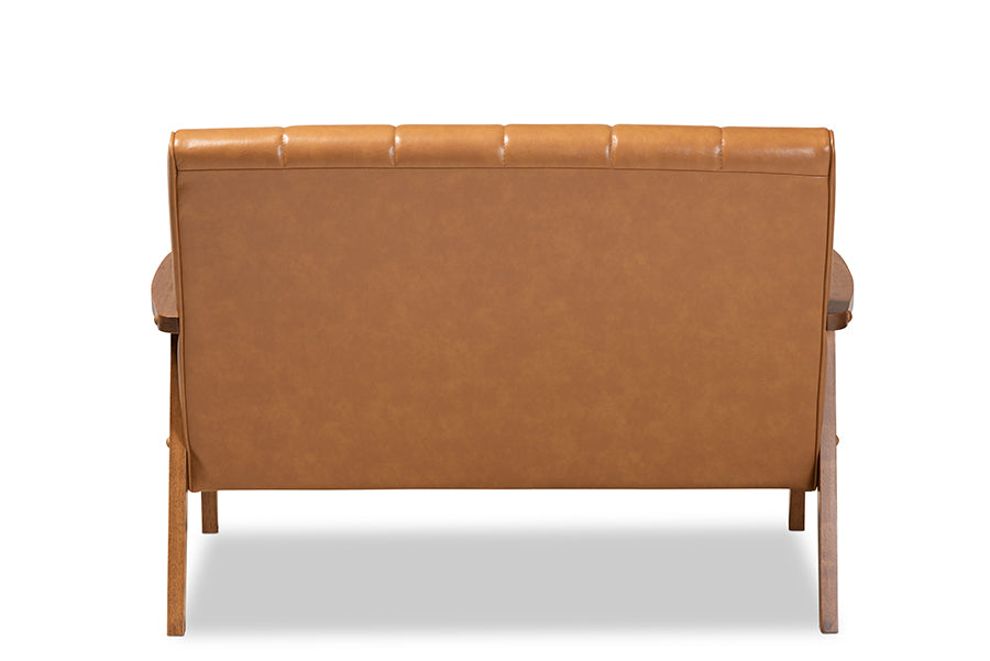 Baxton Studio Nikko Mid-century Modern Tan Faux Leather Upholstered and Walnut Brown finished Wood Loveseat