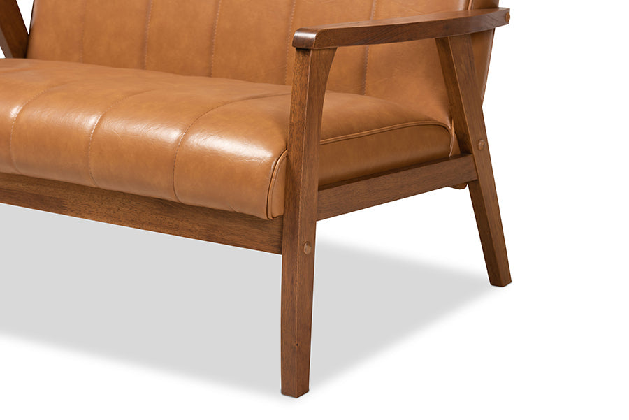 Baxton Studio Nikko Mid-century Modern Tan Faux Leather Upholstered and Walnut Brown finished Wood Loveseat