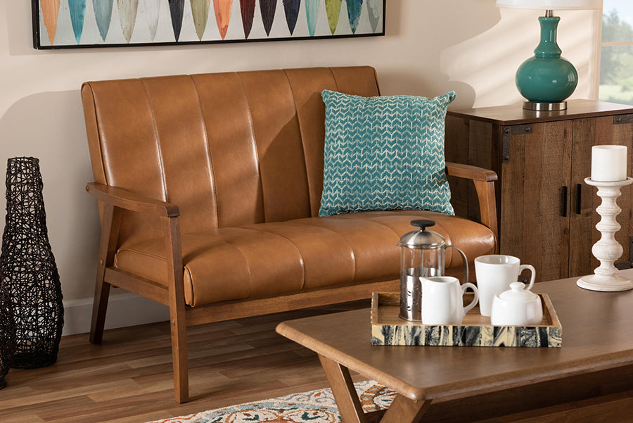 Baxton Studio Nikko Mid-century Modern Tan Faux Leather Upholstered and Walnut Brown finished Wood Loveseat