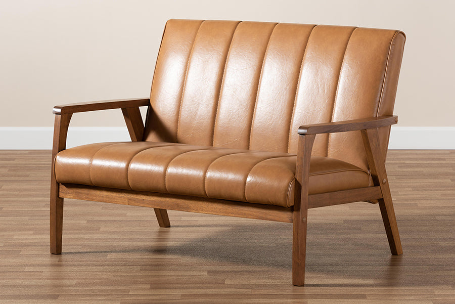 Baxton Studio Nikko Mid-century Modern Tan Faux Leather Upholstered and Walnut Brown finished Wood Loveseat
