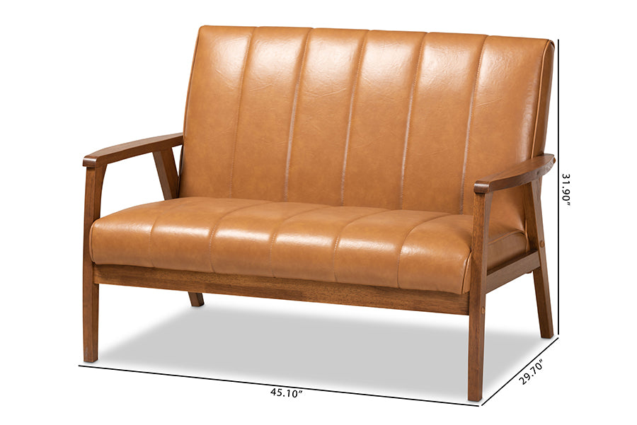 Baxton Studio Nikko Mid-century Modern Tan Faux Leather Upholstered and Walnut Brown finished Wood Loveseat