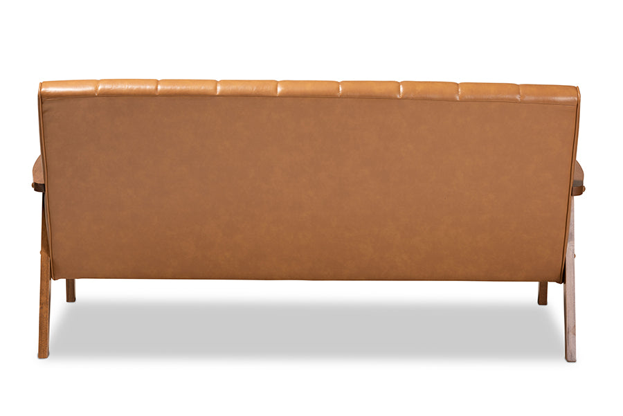 Baxton Studio Nikko Mid-century Modern Tan Faux Leather Upholstered and Walnut Brown finished Wood Sofa