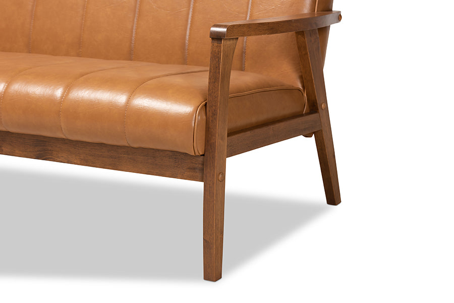 Baxton Studio Nikko Mid-century Modern Tan Faux Leather Upholstered and Walnut Brown finished Wood Sofa